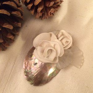 Vintage Artisan Rose and Shell Brooch Pin